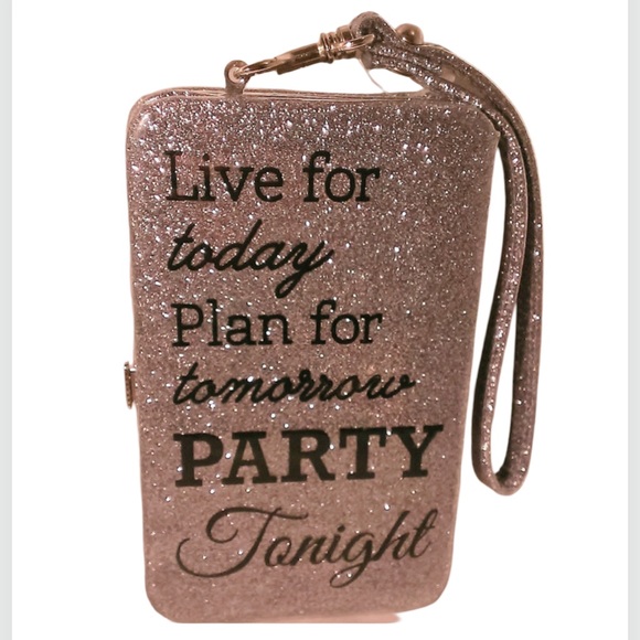 SILVER GLITTER CELL PHONE WALLET "LIVE FOR TODAY PLAN 4 TOMORROW PARTY TONIGHT” - Picture 1 of 2